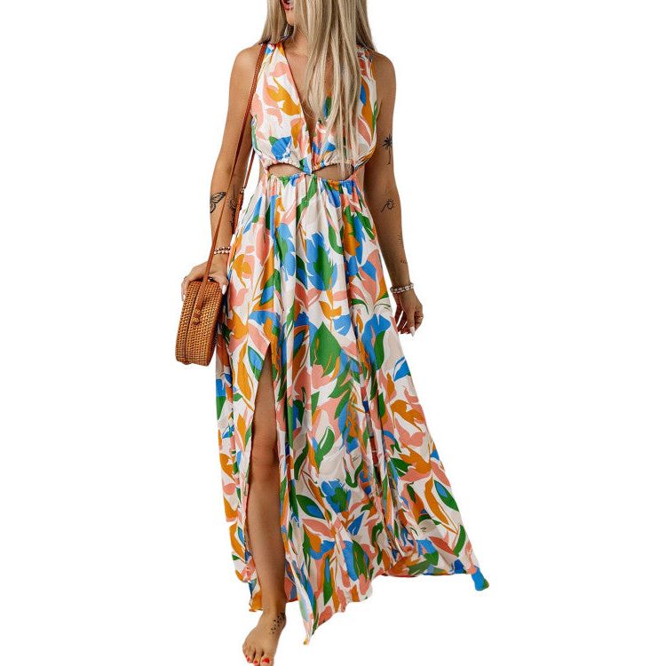 Multi Colour Leaf Print Cut Out Maxi Dress - Sokayaa